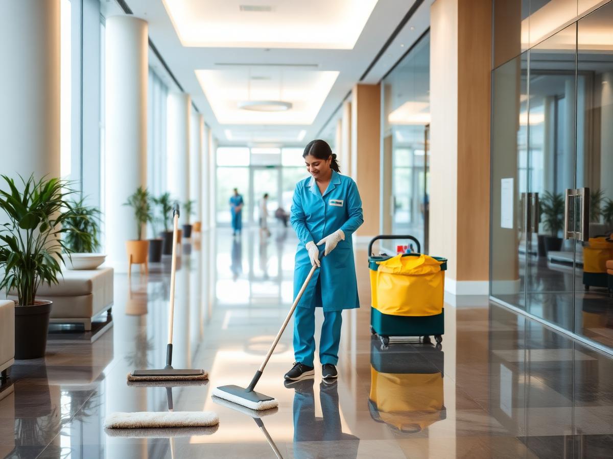 Housekeeping staff in corporate lobby