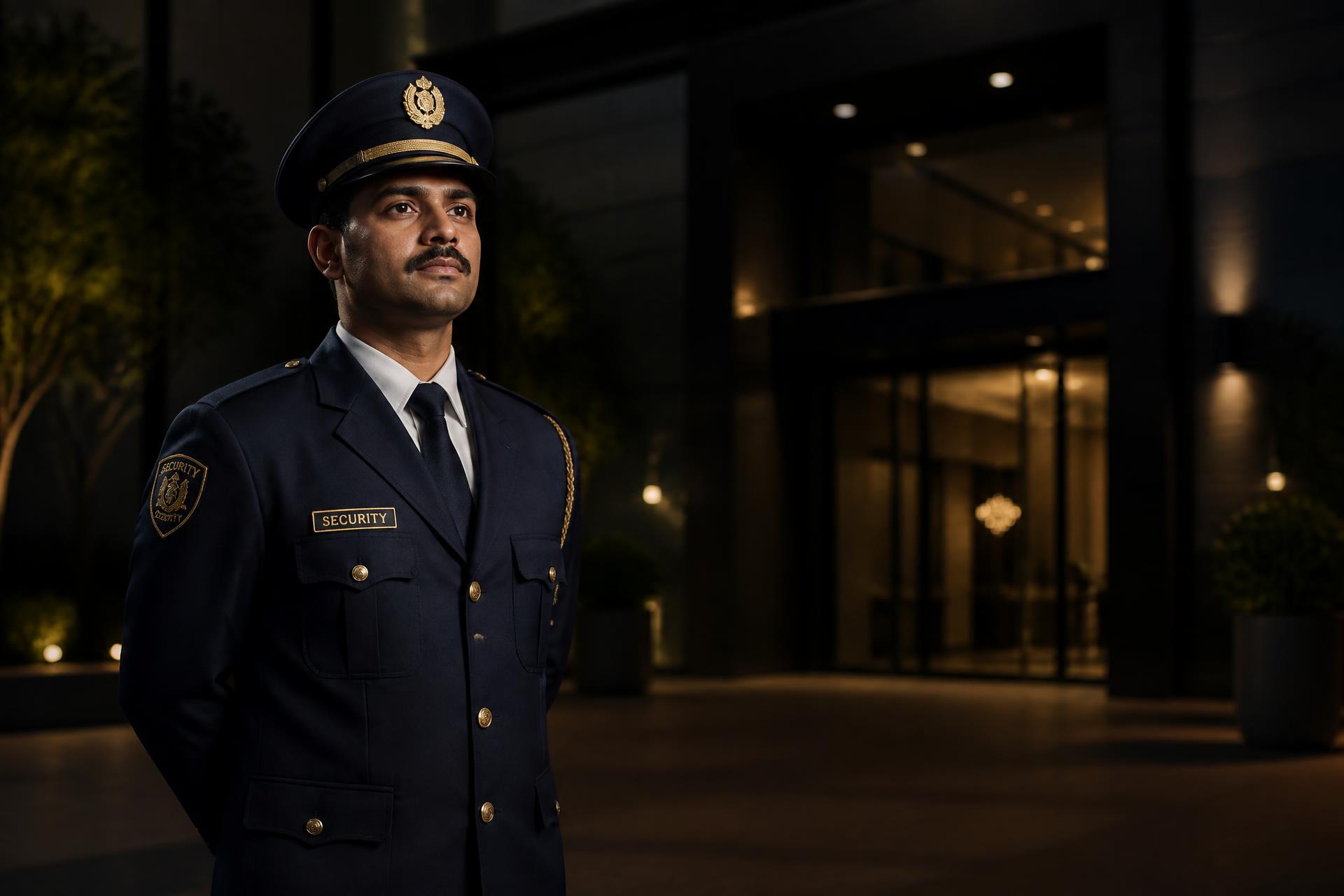 Uniformed Indian security guard on duty at a corporate building